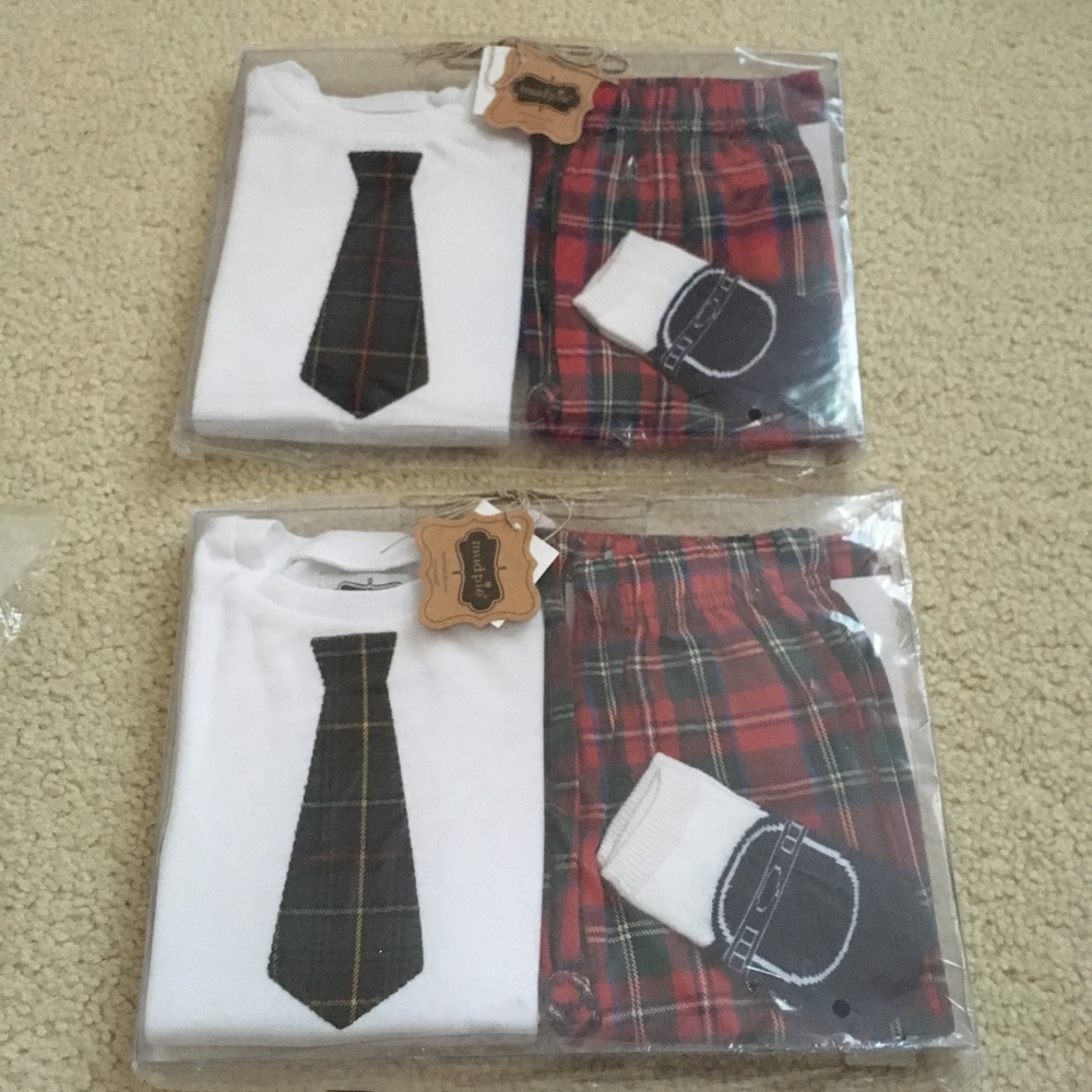 3pc Mud Pie baby boys boxed set Christmas Pants & Tops socks 0-6 months plaid